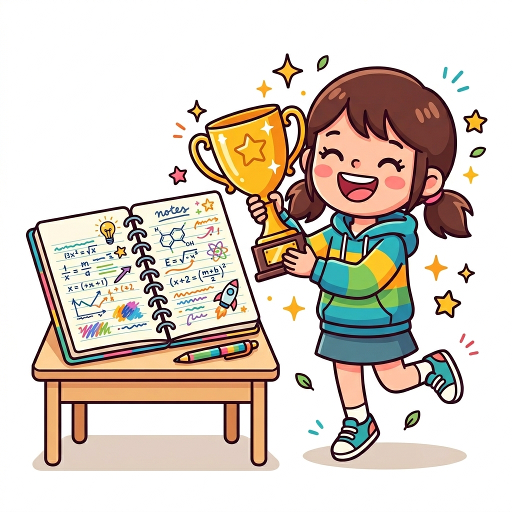 Happy student holding trophy not