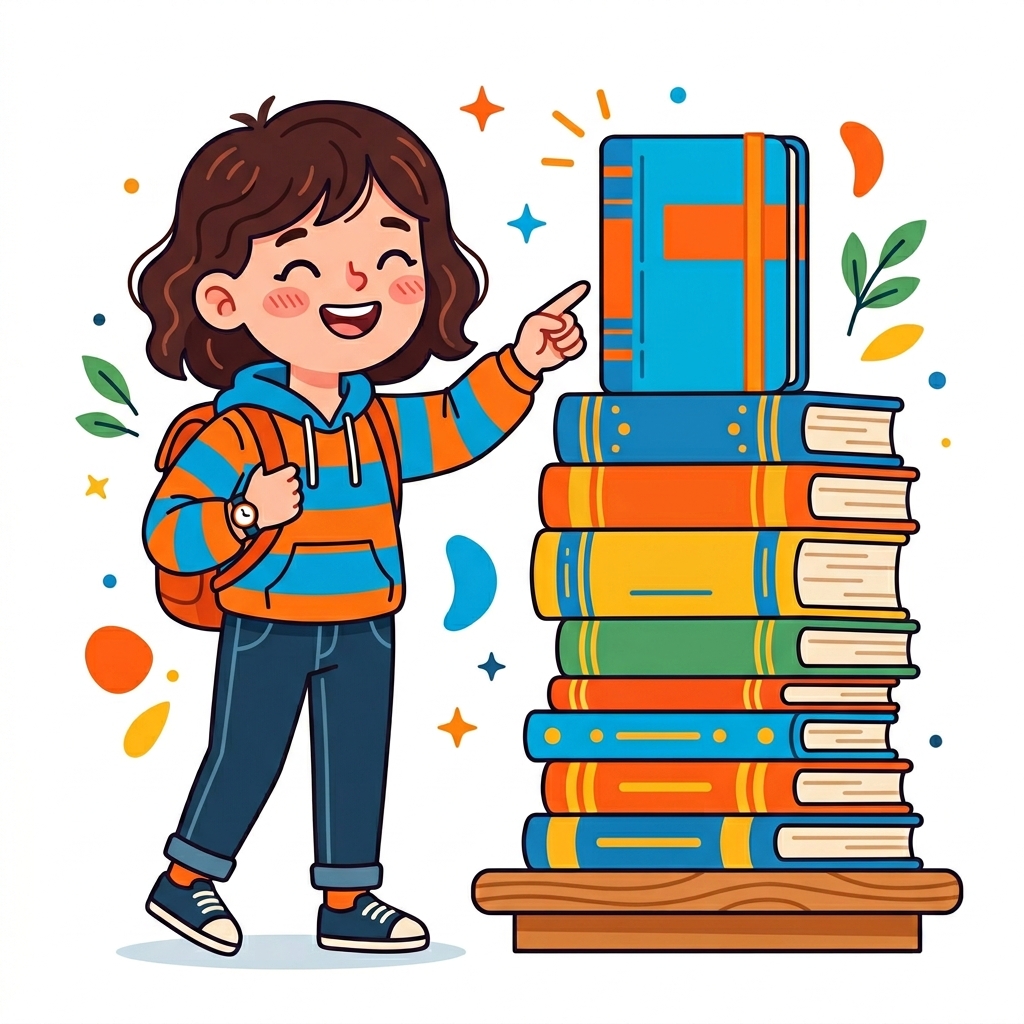 Student choosing book from stack