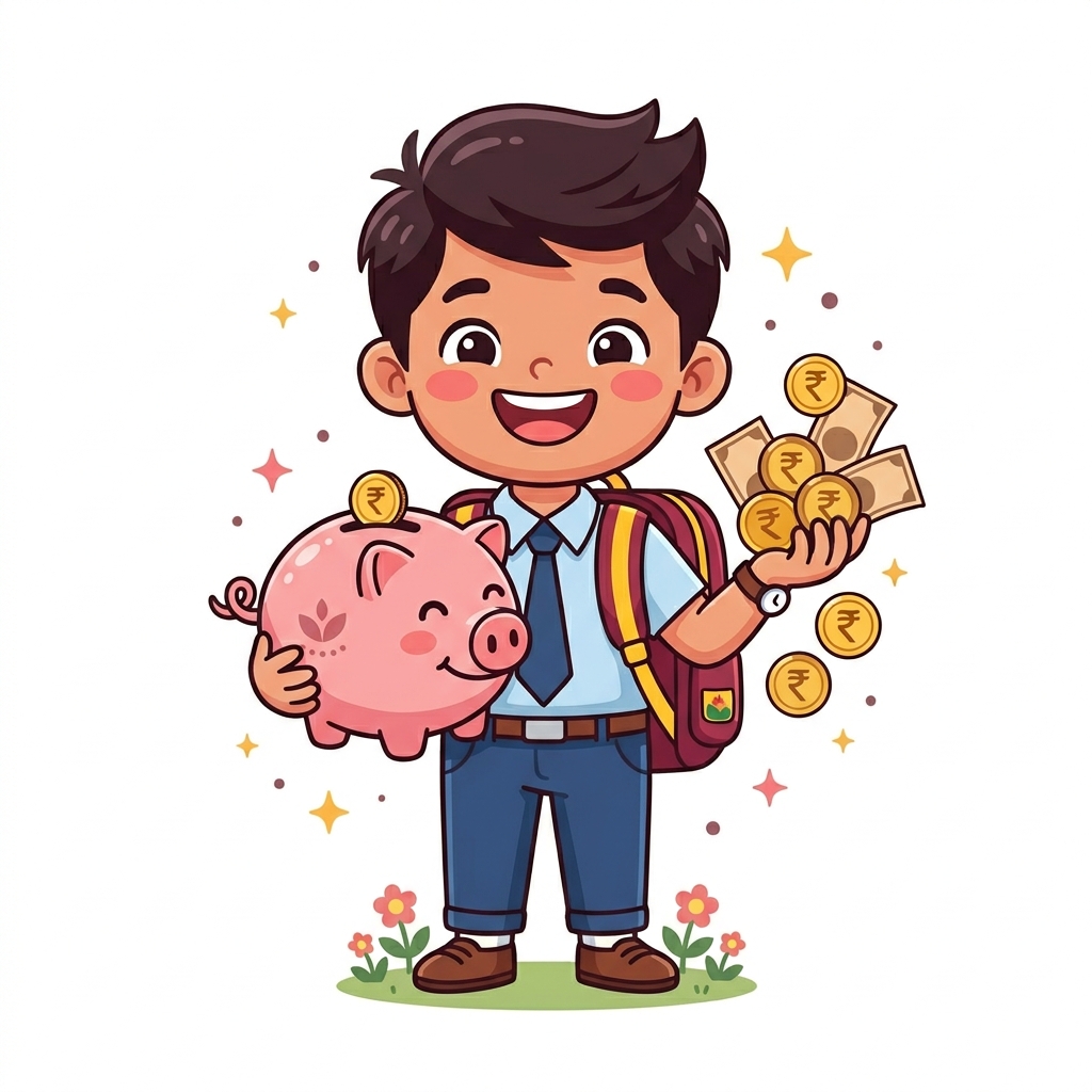 Student holding piggy bank rupee